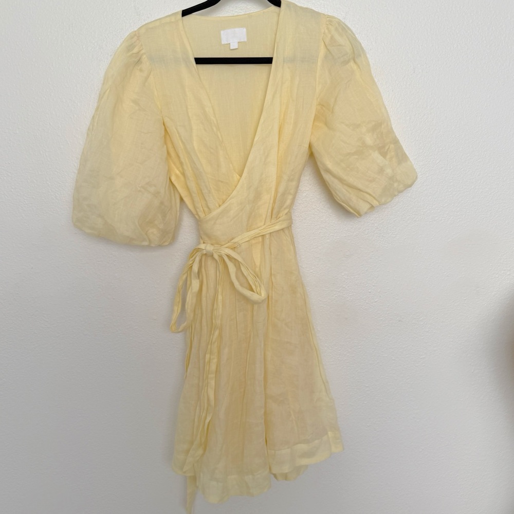 EVERY Butter Yellow Short Puff Sleeve Tie Waist Wrap Mini Dress - Picture 8 of 9